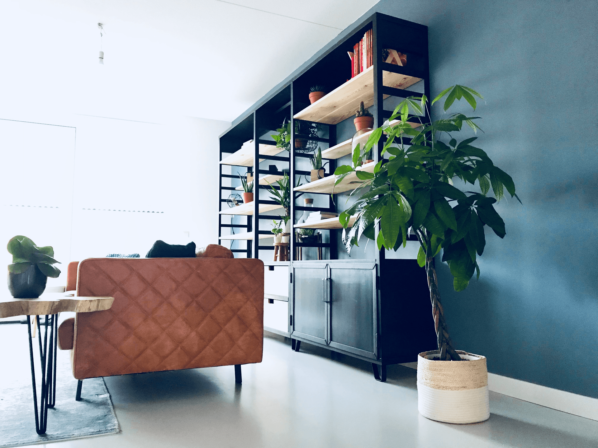 Zwarte stalen stellingkast van vloer tot plafond met houten planken en dichte kastdeuren, in een woonkamer met blauwe wand.