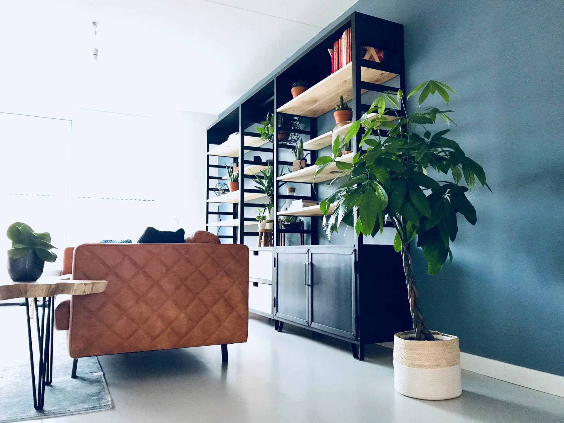 Zwarte stalen wandkast met houten planken en gesloten deurtjes onderin, in een woonkamer met een leren bank.